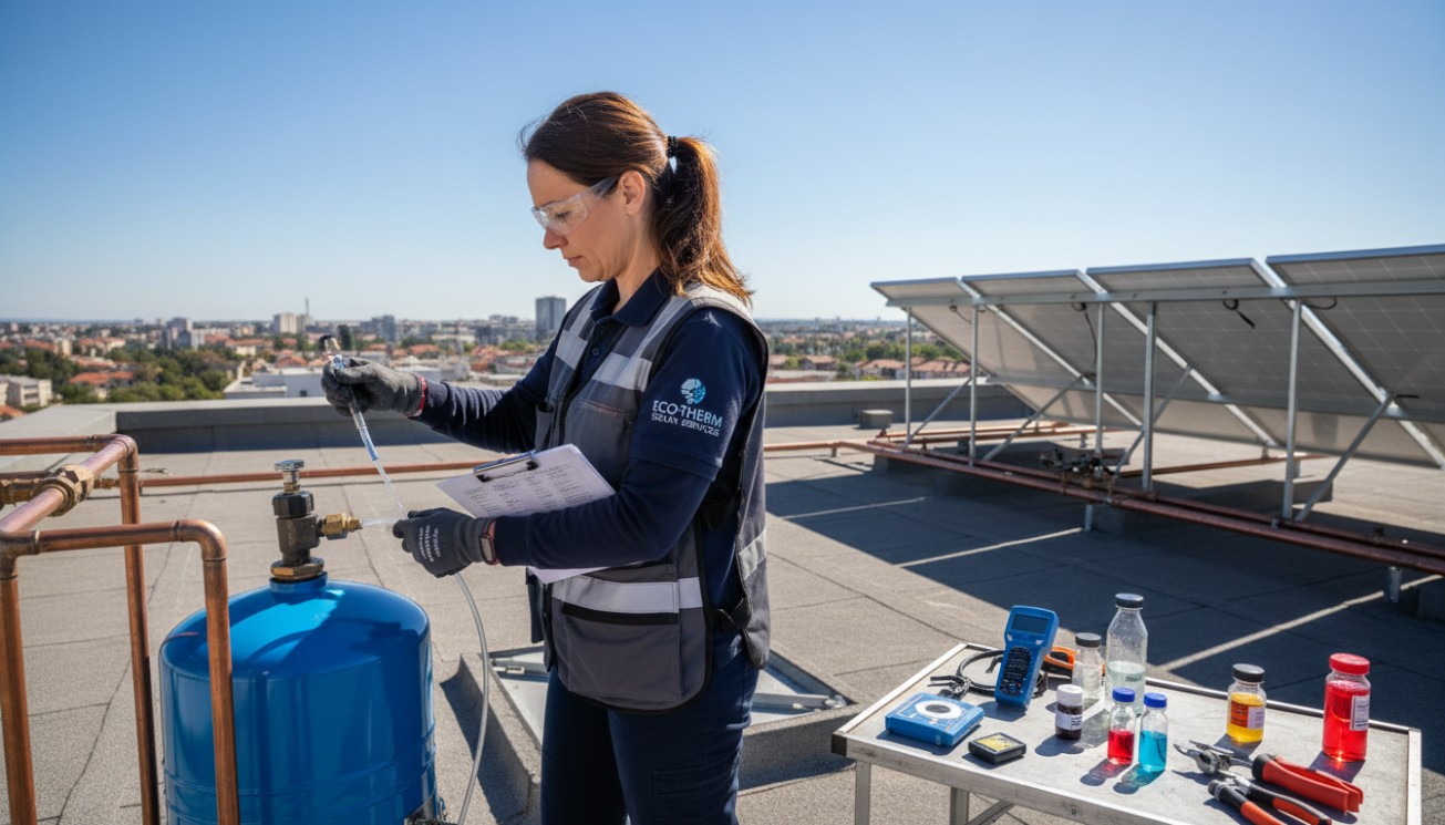 Technician testing glycol fluid in a solar thermal system, showing maintenance checks for freeze protection level, pH, pressure, and long-term reliability